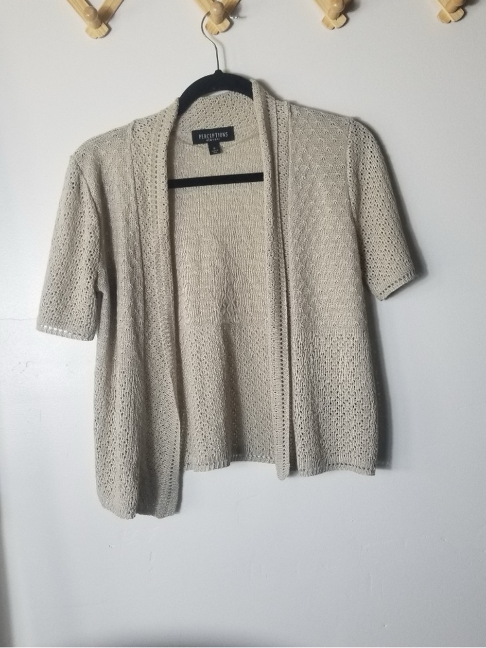 Perceptions Open-Front Short-Sleeve Knit Cardigan in Cream